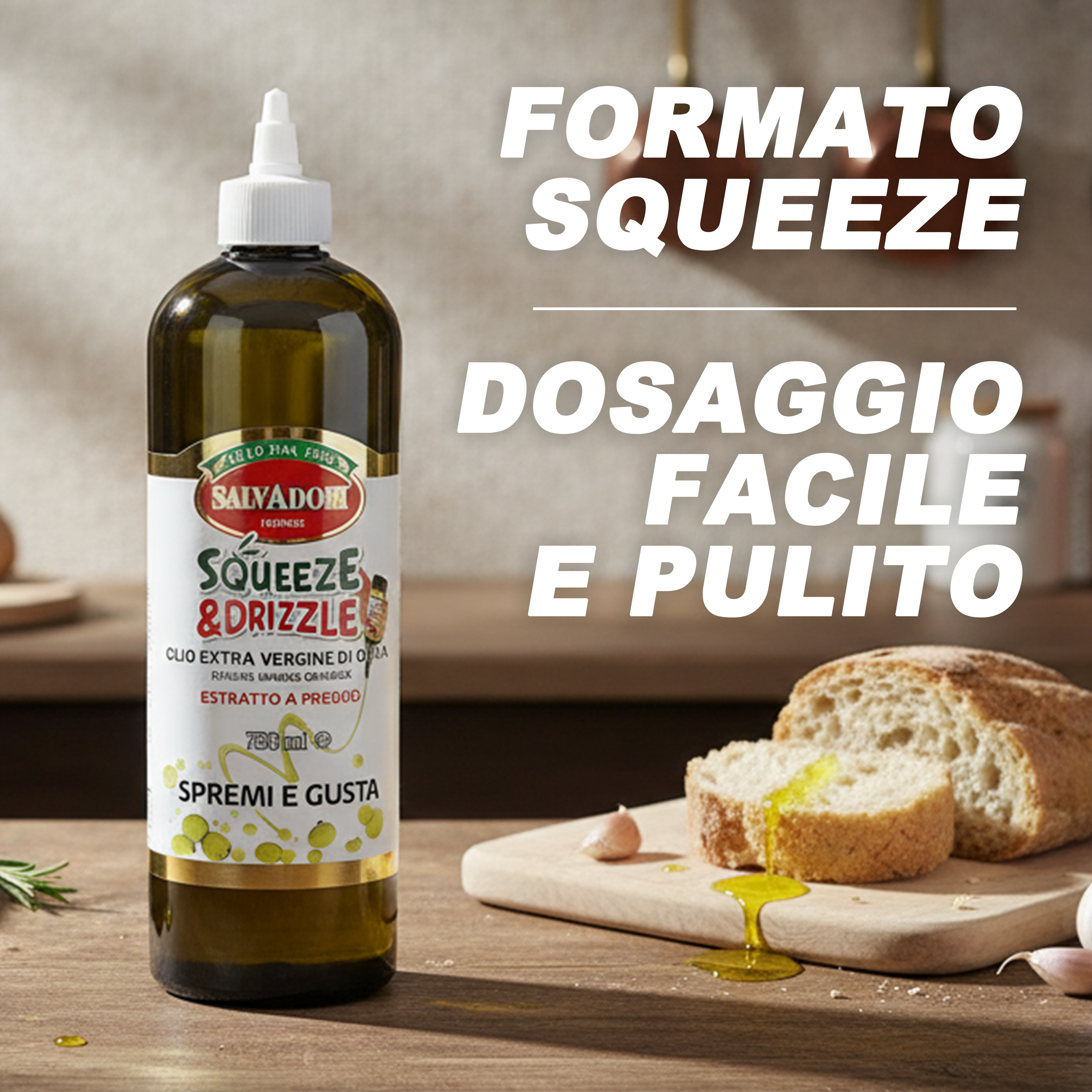 Olio EVO 750ml Squeeze & Drizzle – Condimento Pratico per Insalate, Pizza, Carne e Pesce