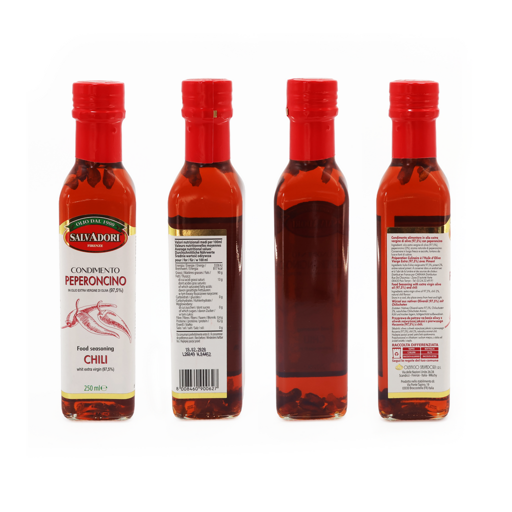 Condimento al Peperoncino 250ml – Olio Extra Vergine di Oliva con Peperoncino, Ideale per Pizza, Pasta, Carne e Verdure